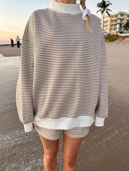 Café au Lait Striped Mock Neck Sweatshirt